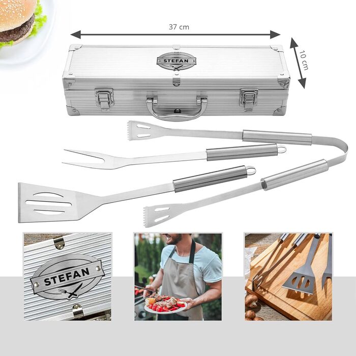 Набір для гриля AMAVEL з гриль-посудом та гравіюванням, персоналізований з ім'ям, з лопаткою, виделкою та щипцями, з нержавіючої сталі, подарунок для чоловіків