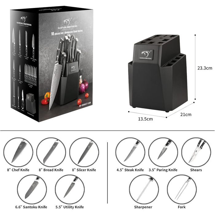 Набір професійних кухонних ножів NANFANG BROTHERS з дамаської сталі, 18 предметів, VG10, 67 шарів, японський кухонний набір, дерев'яний брусок, червоний, чорний