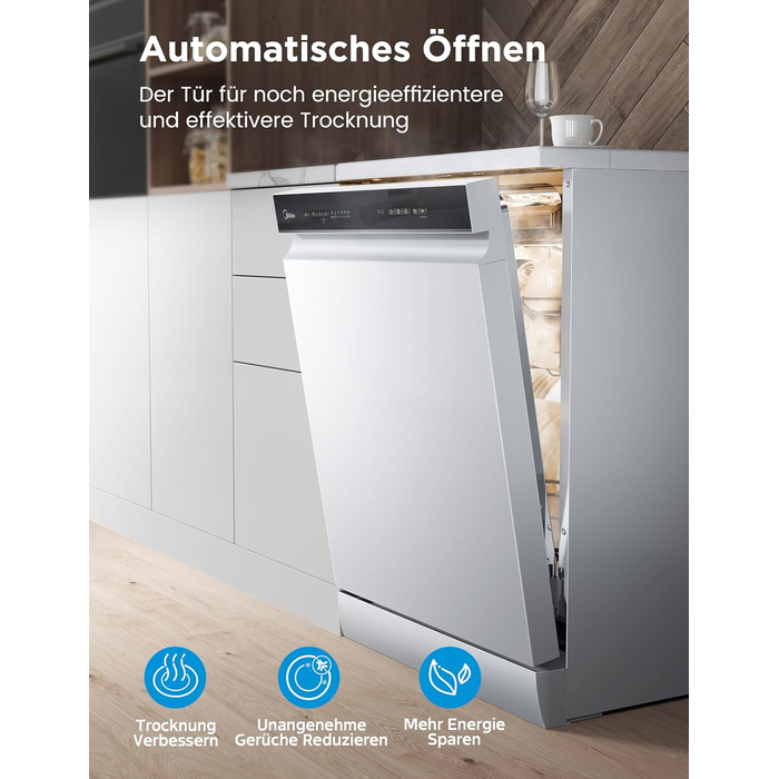 Посудомийна машина Midea SV 5.14K10C, 45 см, 10 комплектів, вбудована, з Wi-Fi, 8 програм, 44 дБ, автоматичне відкриття дверцят, таймер затримки 0-24 год, Inox