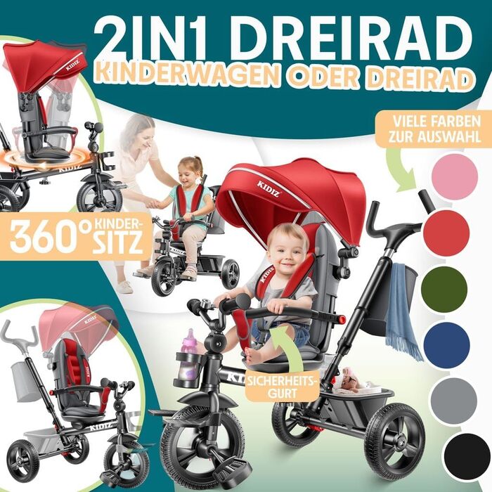 Триколісний велосипед KIDIZ 6-в-1 для малюків від 9 місяців до 25 кг: з ручкою, кошиком, сонцезахисним дахом, червоний