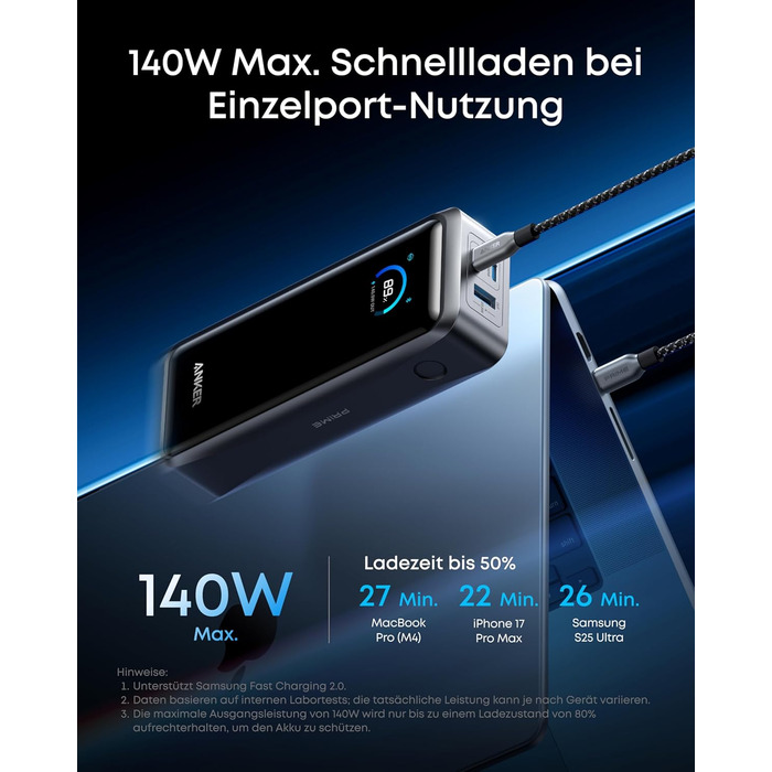 Power Bank Anker Prime 26250mAh: 3 порти, 300W, швидка зарядка, TSA-сертифікований, керування через додаток, для MacBook, iPhone та інших пристроїв