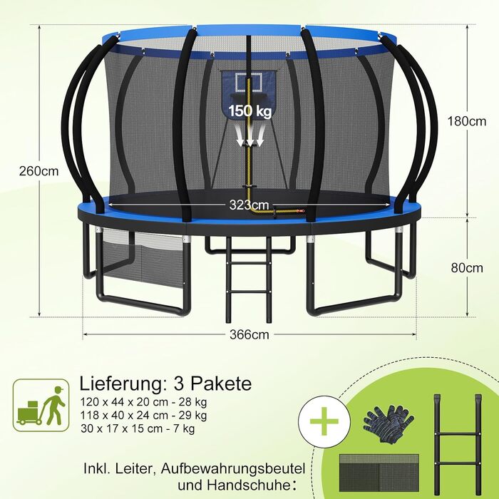 Батут садовий Devoko з сіткою та баскетбольним кільцем, 366 см, до 150 кг - для дітей та дорослих, блакитний