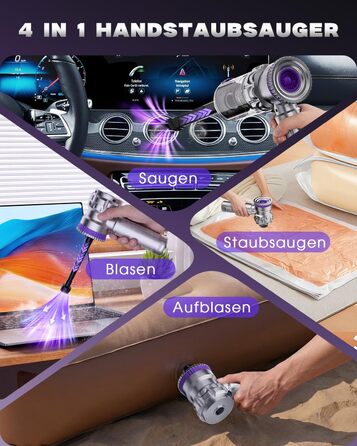 Бездротовий автомобільний пилосос Ortiny 28000Па, ручний міні-пилосос 4 в 1 з безщітковим двигуном та самоочищенням контейнера, для авто, дому та кухні, сріблясто-фіолетовий