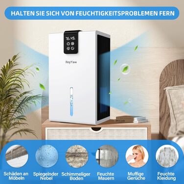Електричний осушувач повітря, тихий, 2700 мл, LED дисплей, автоматичне відтавання, режим сну, проти вологи та плісняви, для спальні/ванної кімнати, білий