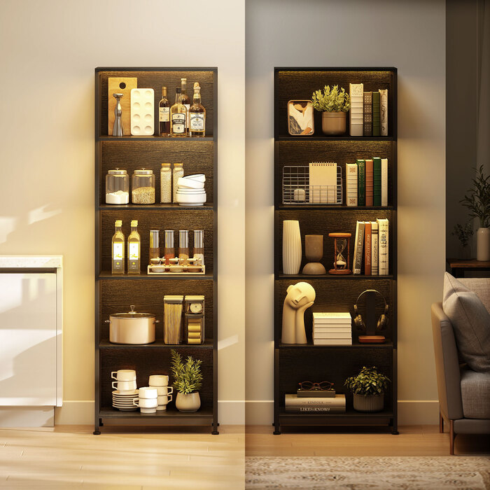 Стильна полиця-стеллаж на 5 ярусів з LED-підсвіткою, 7 кольорів світла, для вітальні, 60 x 30 x 179 см, чорний