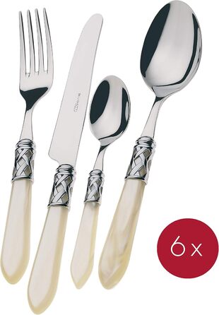 Набір столових приборів Bugatti Aladdin 24 шт. з нержавіючої сталі 18/10, хромуванням та ручками кольору онікс з перламутровим ефектом. Комплект на 6 осіб: 6 ложок, 6 виделок, 6 ножів та 6 чайних ложок