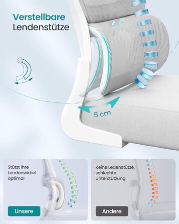 Офісне крісло SONGMICS з ергономічною спинкою з сітки, з регульованою підголівником та поперековою підтримкою, для дому та офісу, сірого кольору (OBN041G01)