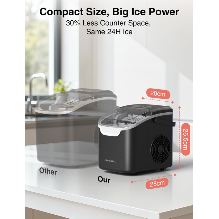 Crownful Машина для льоду портативна (Чорна) - Швидке виробництво льоду для дому та офісу