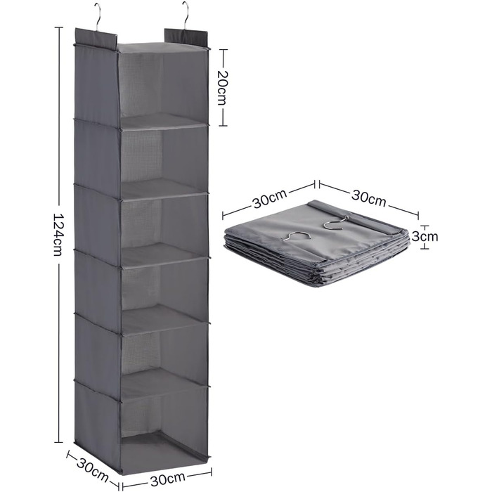 Підвісна полична шафа-купе, 6 відділень, тканина Оксфорд, металевий гачок, економія місця, сірий