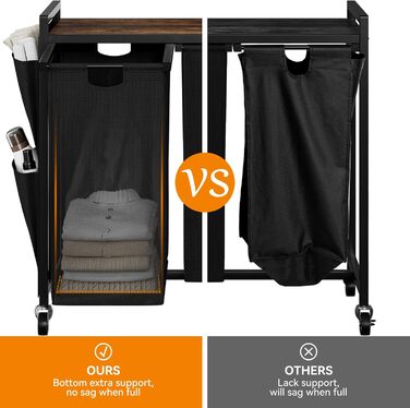 WOWLIVE Подвійний кошик для білизни з кришкою, на коліщатках, з металу, сортувальник для білизни з верхньою полицею та 2 знімними мішками, великий органайзер для одягу, (165л, Чорний)
