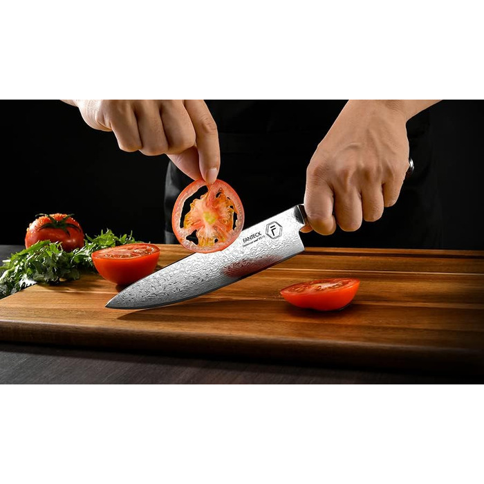 Японський кухонний ніж FANTECK Gyuto з дамаської сталі 20 см (67 шарів VG-10) з дерев'яною ручкою, професійний ніж для кухні, подарункова коробка