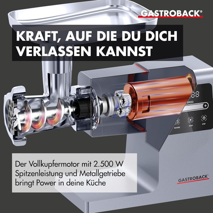 Електрична м'ясоподрібнювач GASTROBACK 6-в-1 з насадкою для ковбас та шприц-насадкою - 2500 Вт, нержавіюча сталь, з сенсорним екраном та пресом для бургерів