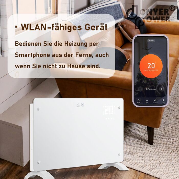 Конвектор DONYER POWER 2500W з Wi-Fi, 24H таймер, дистанційне керування, скло (1.5kW, білий)