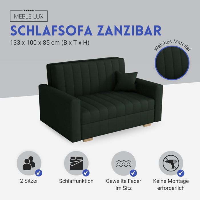 Диван-ліжко Zanzibar I 3-місний, 153 см, з ящиком для білизни, зелений диван-трансформер