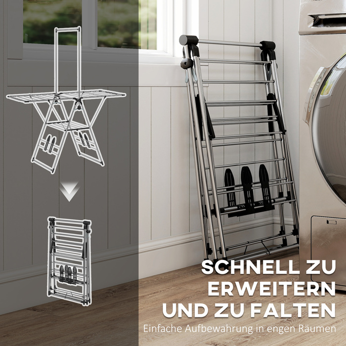 Сушилка для білизни складна, підлогова з регульованими крилами, тримачами для взуття, нержавіюча сталь, 156,5 x 68 x 192 см, срібляста
