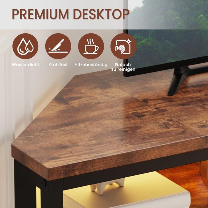 Тумба під телевізор кутова Dripex з LED підсвіткою, дерев'яний стиль, металевий каркас, індустріальний дизайн 106x36x45.5 см