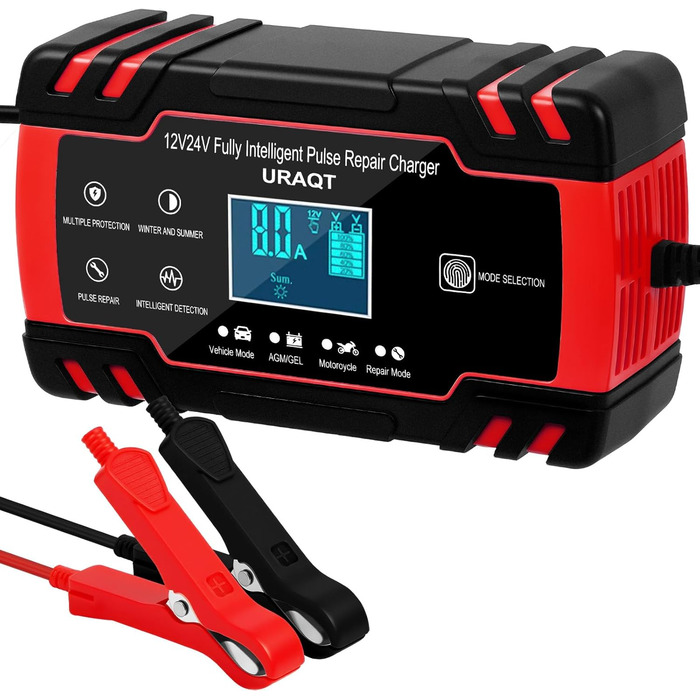 Зарядний пристрій для акумулятора URAQT 8A: 12V/24V, розумний, автоматичний, з LCD, для авто, вантажівок, мотоциклів, човнів