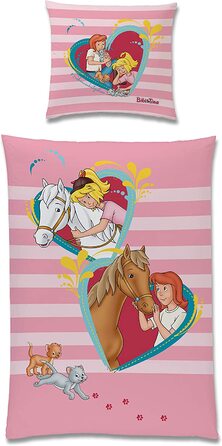 Комплект постільної білизни Tex idea для Бібі і Тіни Венден із зображенням коня і серця 135 x 200 80 x 80 см, 100 лінонового якості, квіти кінського рожевого кольору (фланель)