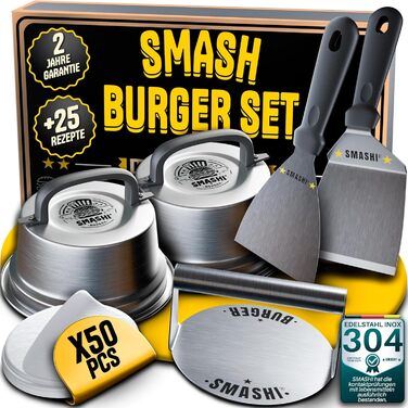 Набір для приготування бургерів SMASHI® з пресом та дзвоном – нержавіюча сталь 304, лопатка, 50 паперів для гриля, рецепти – оригінальний професійний набір