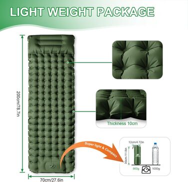 Спальний килимок Flintronic Camping Self Inflating з насосом для ножного преса, водонепроникний спальний килимок товщиною 10 см з подушкою, відкритий надувний надувний матрац, складний спальний килимок для вулиці, кемпінгу (армійський зелений)