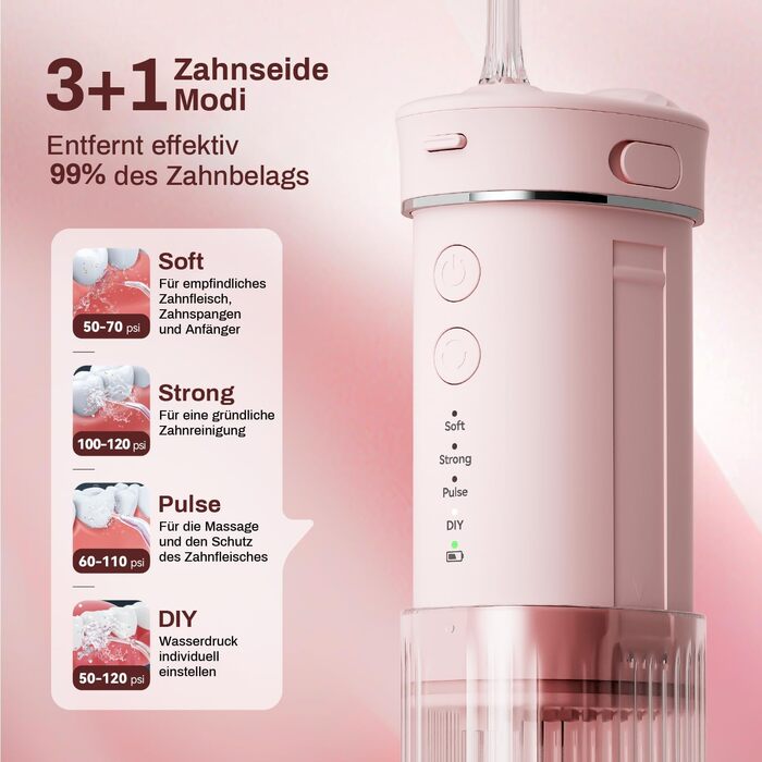 Портативний електричний іригатор для порожнини рота JTF Mini, бездротовий, для подорожей, з 5 насадками, 4 режими, 230 мл, водонепроникний (IPX7), рожевий