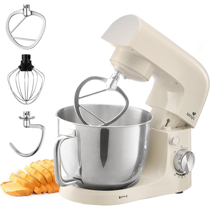 Кухонна машина SENYA 1500 Вт з чашею з нержавіючої сталі 5 л, 10 швидкостей + імпульсний режим, міксер, вінчик, гак в комплекті, захист від бризок з розділювачем яєць, тиха робота