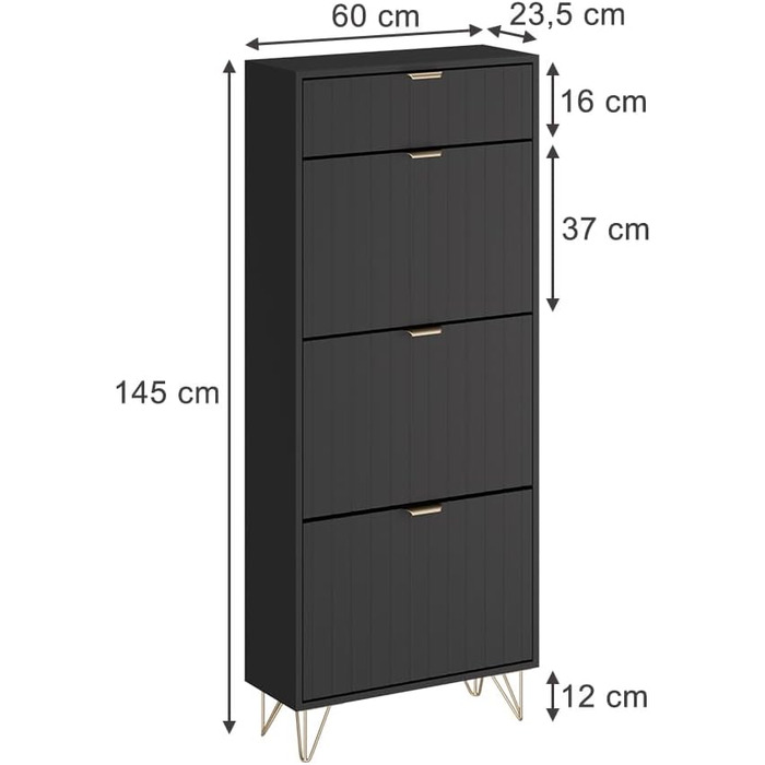 Шафа для взуття Vicco Helge, чорна, 60 x 145 см, 3 відділення