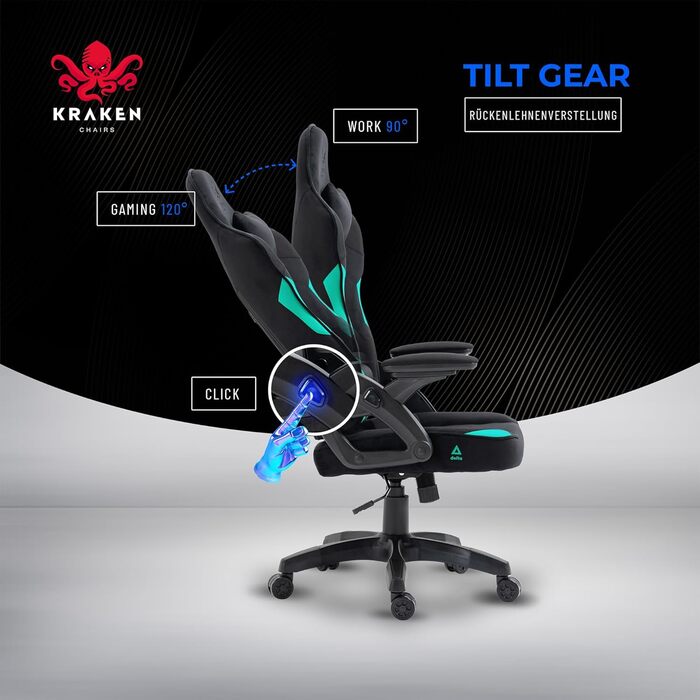 Крісло ігрове KRAKEN CHAIRS чорно-морського кольору, тканинне, ергономічне, для геймерів, вантажопідйомність 130 кг