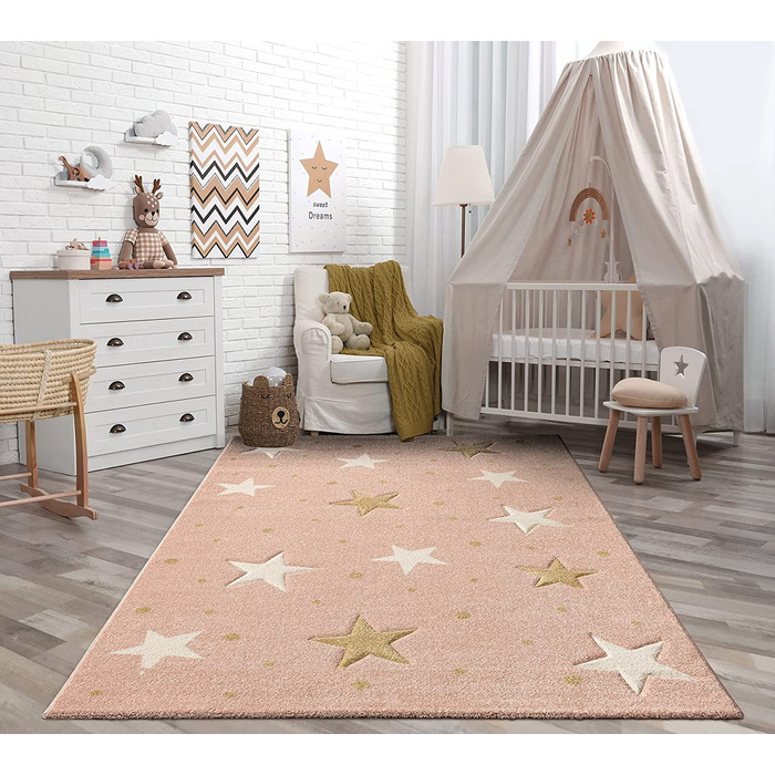 Дитячий м'який зірчастий килим the carpet Moonde, дитячий килим із зображенням зоряного неба, з ефектом хай-фай, легкий у догляді, стійкий до фарбування, Зоряний, Рожевий, (80 х 150 см, рожеві зірки)