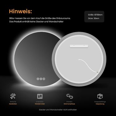 Дзеркало для ванної кімнати EMKE з підсвічуванням, діаметр 80 см, 3 кольори світла, регулювання яскравості, антизапар, сенсорне управління, функція пам'яті, енергозбереження, без рамки (70x70 см)