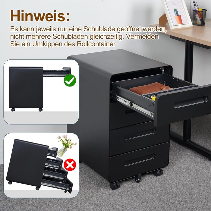 Роликовий контейнер HOMSTEEL з замком, 4 шухляди, металевий офісний шафка, чорний (46T x 40B x 64H cm)
