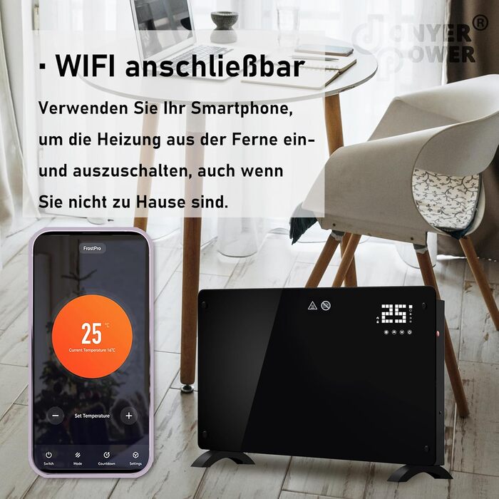 Конвектор DONYER POWER 2500W з Wi-Fi, таймером та пультом керування, чорний, з склопанеллю, для дому та офісу