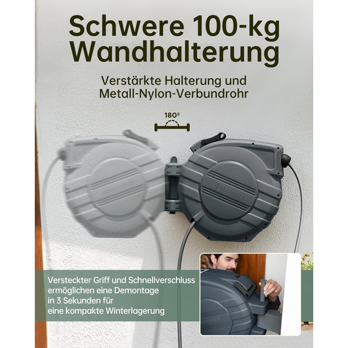 Шланговий барабан GLAHODEN з шлангом для саду 40 м + 2 м, стійкий до сонця та морозу, поворотний на 180°, настінна шланговий бокс з 9-функціональною розпилювальною насадкою (30 м)