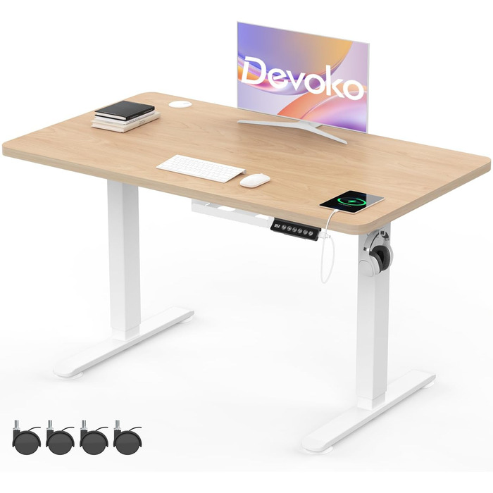 Електричний стіл Devoko 120x60 см, регулювання висоти, лоток для кабелів, 2 пам'яті, USB, LED-дисплей, нагадування сидіти/стояти, горіх