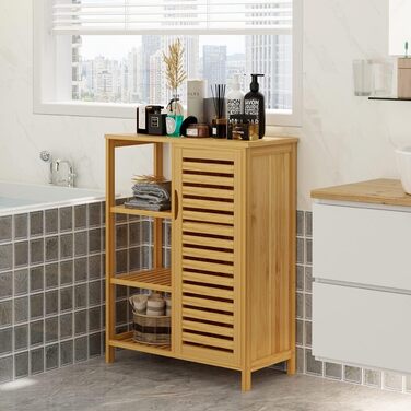 Шафа для ванної кімнати Sogesfurniture з бамбука, 66x33x87 см, з 4 полицями та жалюзі-дверцятами