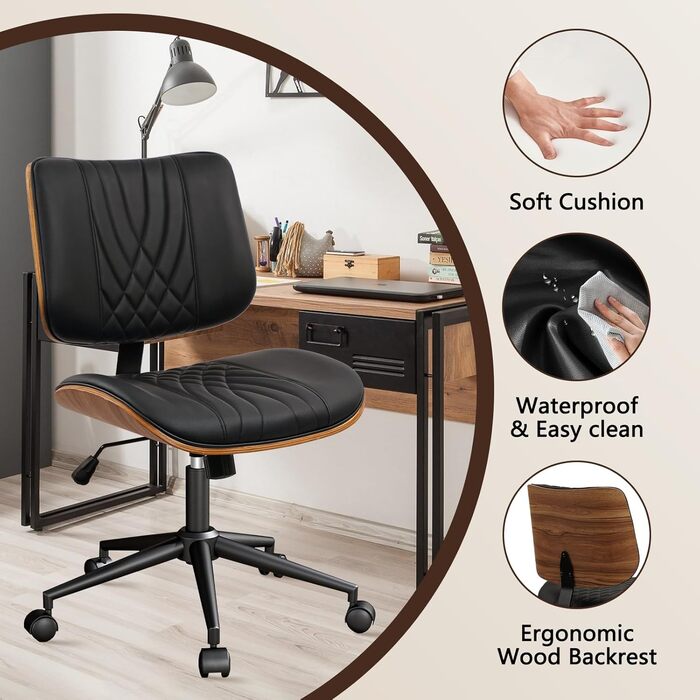 Крісло офісне без підлокітників Clatina з роликами, регульоване по висоті, шкіряне, поворотне, для комп'ютера, середньою спинкою, сучасний стиль горіх, для home office, робочого кабінету, конференц-залу, біле (чорне), 1 шт.