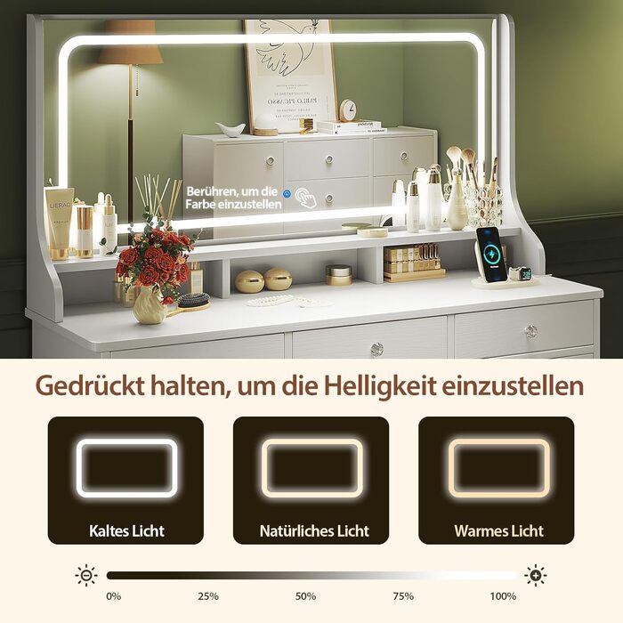 Діплекс туалетний столик з підсвіткою, 110 см, з 11 шухлядами та LED-дзеркалом, білий. Сучасний туалетний столик для спальні та гардеробної