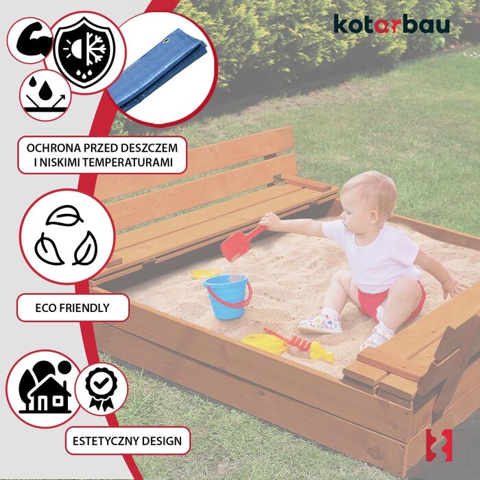 Пісочниця KOTARBAU® з кришкою, 120x120 см, з лавками, дерево, оброблена, пісочниця з кришкою