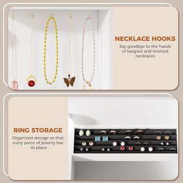 Трюмо BEWISHOME з дзеркалом, регульованою LED-підсвіткою та розетками, 10 шухлядами, 5 полицями, гачками та органайзером для прикрас, сучасний дизайн, білий колір, EFST52W