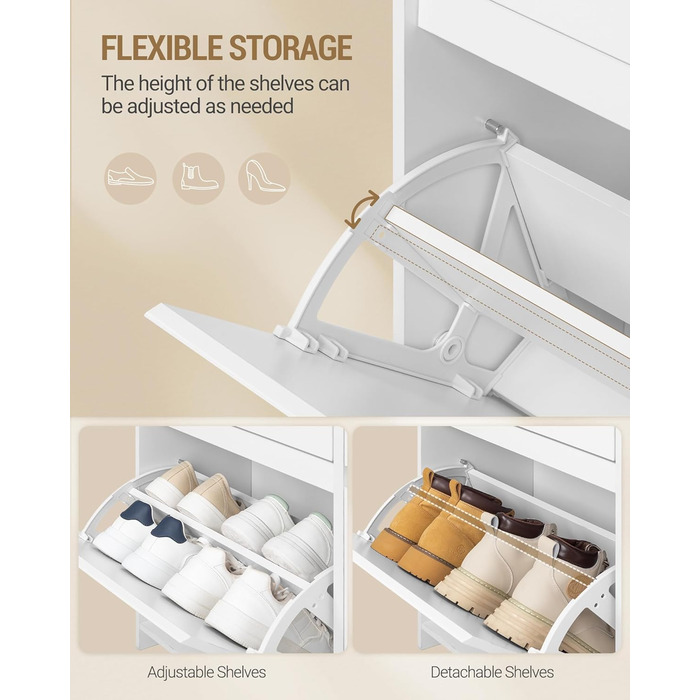 Взуттєва шафа Hzuaneri з 4 стулками, вузька, з LED-підсвічуванням, регульована перегородка, на 20 пар, 100 x 119 x 24 см, для передпокою, біла SR53603XEU