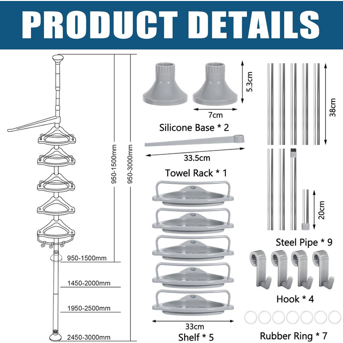 Душова полиця з регулюванням висоти, Душова полиця без свердління, Душова стійка, Штанга з нержавіючої сталі, Телескопічна душова полиця, Кутова душова полиця з 5 душовими піддонами, 4 гачки, 1 Рушникосушка, сірий, 100-320