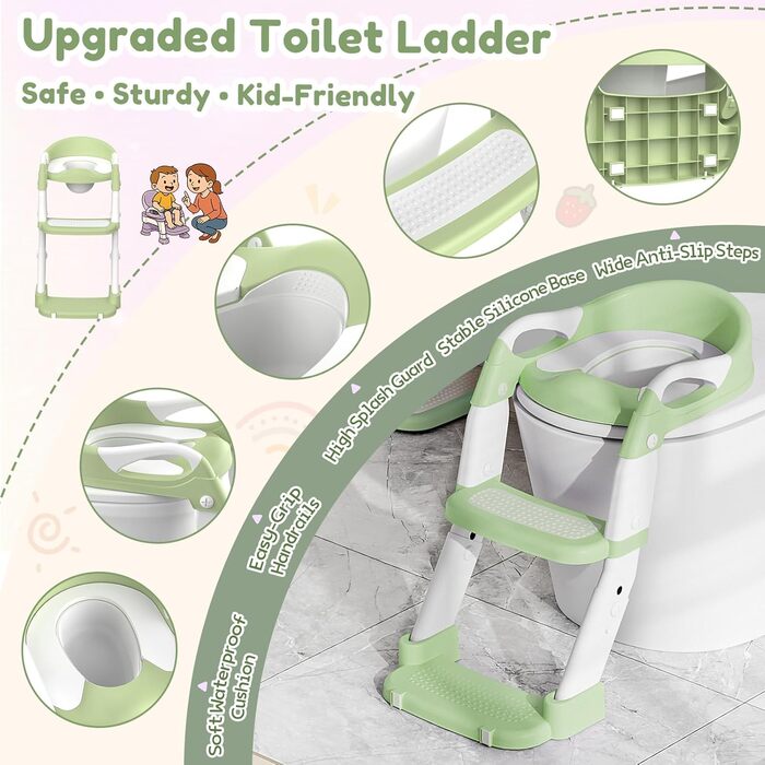Універсальний дитячий сидіння на унітаз 3-в-1 з драбинкою, зелений – тренажер для хлопчиків та дівчаток, зручний унітаз-горщик для привчання до туалету