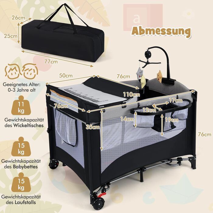 Дитяче ліжко-манеж DREAMADE 5 в 1 з матрацом, колесами та пеленальним столиком, з музичною іграшкою, 110x76 см, для новонароджених, з сумкою (зелений/сірий)