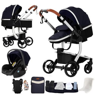 Дитяча коляска Nine Point Nine 3 в 1 з PU-шкіри, алюмінієвий каркас (L518 SilverBlue), комплект з люлькою та пеленатором