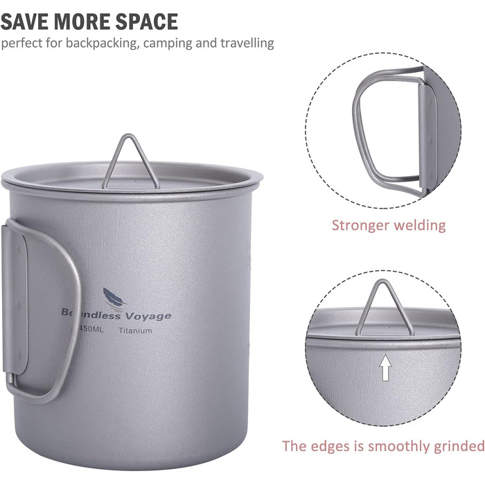iBasingo Titan Camping Посуд: Чайник, Каструля, Кружка з кришкою та складним ручками (200-750мл) для кемпінгу, трекінгу, пікніка