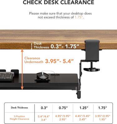 Висувна полиця під клавіатуру під стіл, чорна, з міцним C-кріпленням, 27.3x27.9 см (82.5 см з кріпленнями)