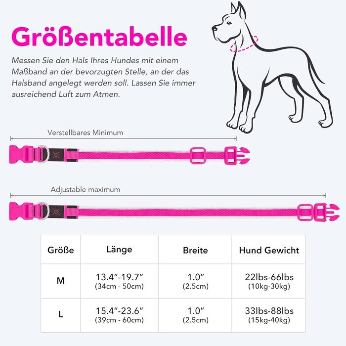 Світлодіодний нашийник для собак, водонепроникний, що світиться, акумуляторний, безпечний, M (13,4'-19,7'/34-50 см), рожевий