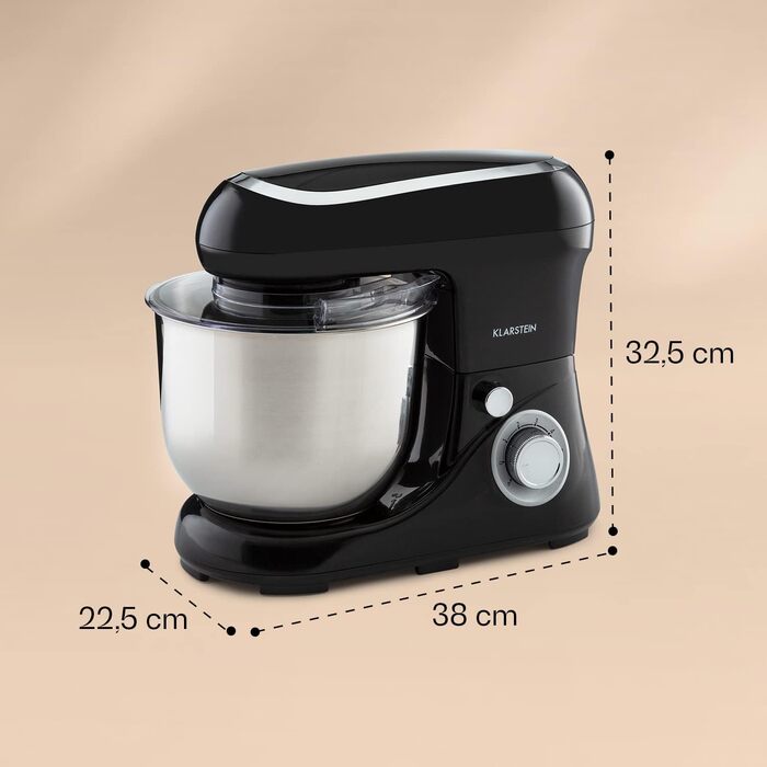 Міксер Klarstein Knetmaschine: потужний кухонний комбайн для випічки, 1300W, 6 швидкостей, 5л чаша, планетарний міксер, для тіста та випічки (чорний)