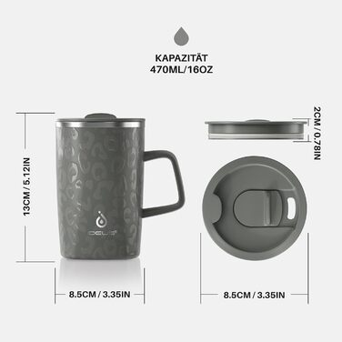 Кавова чашка Ideus® 470 мл з подвійними стінками, з нержавіючої сталі, з антиковзним ручками та кришкою-висувним модулем (Червоний Зебра, Leopard Gray)
