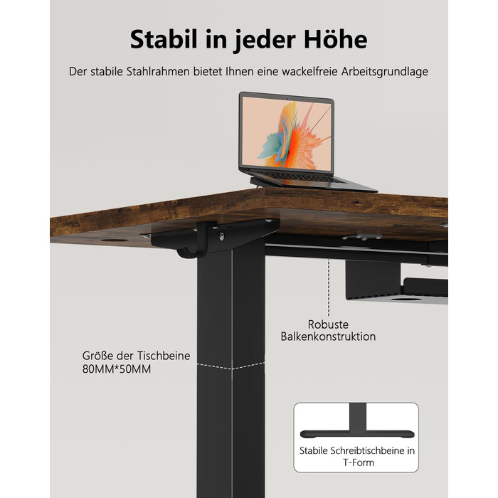Регульований стіл Flamaker 160x80 см: електричний, з пам'яттю, для офісу, комп'ютерний, з кабелеуправлінням, коричневий вінтаж
